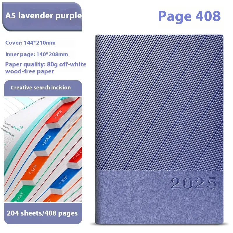 A4 striped PU leather business notepad open showing 80g wood-free paper