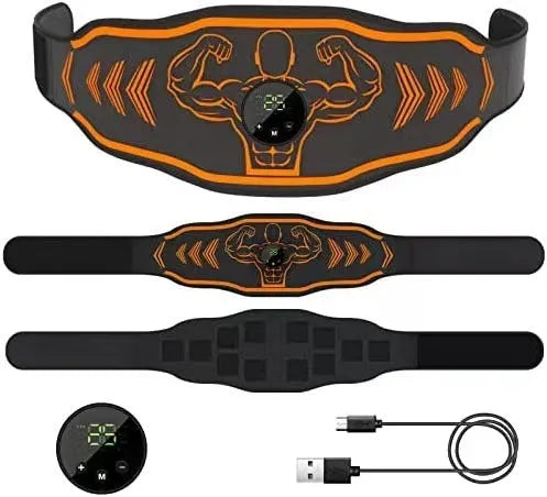 Smart EMS massage belt with rechargeable host unit and arm electrodes in orange and blue colour options