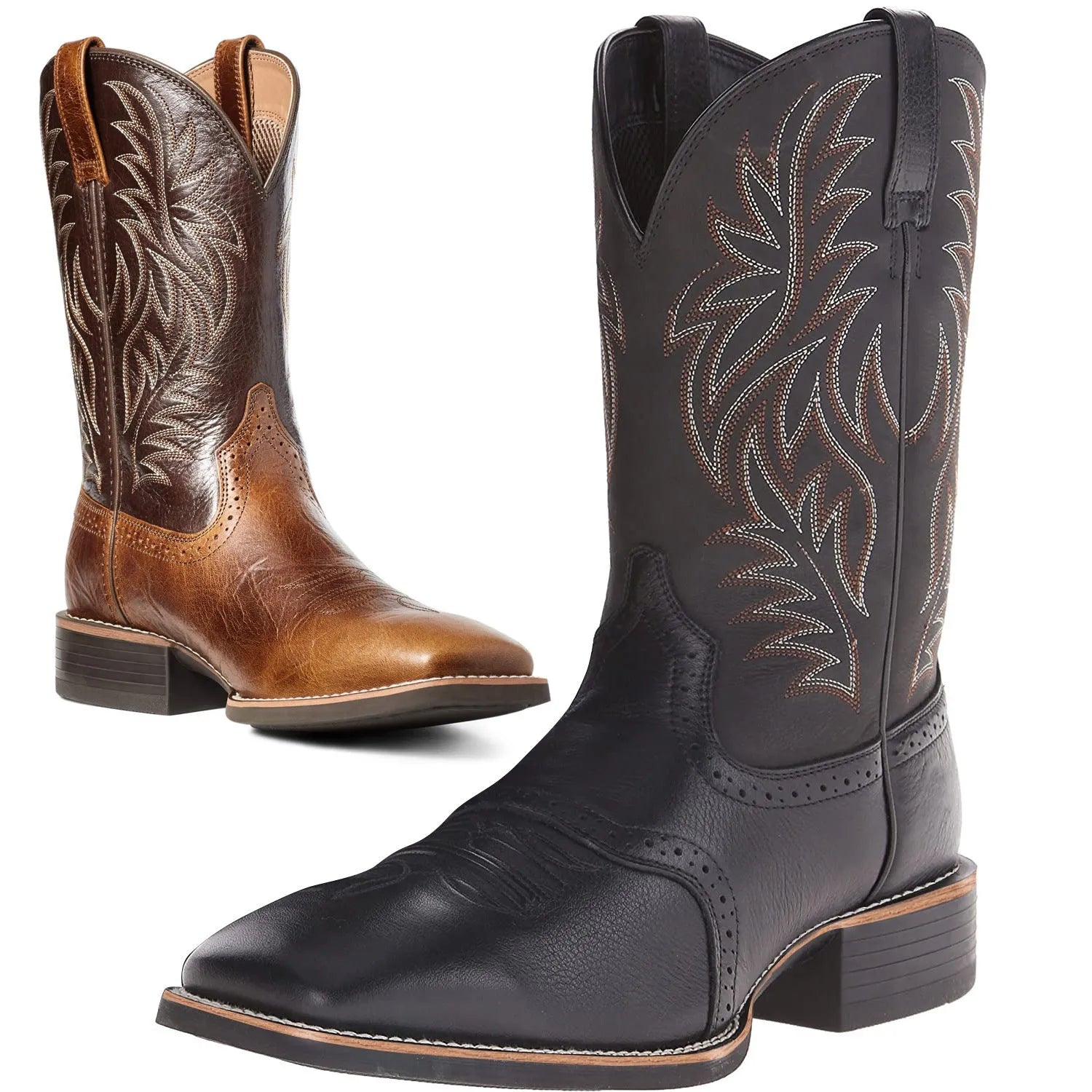 Men's black Western cowboy boots with intricate embroidery stitching, a wide square toe, and a high shaft.
