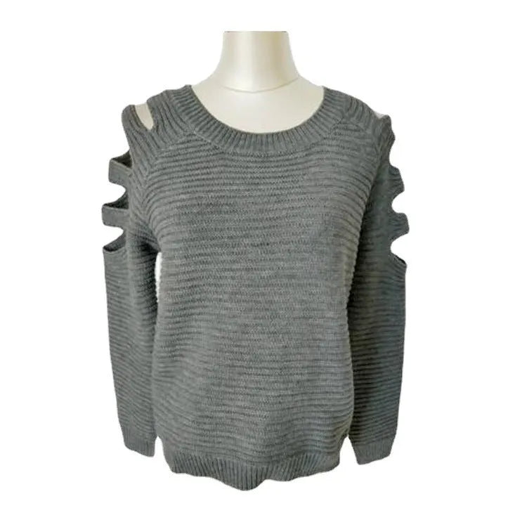 Women's grey solid colour pullover shirt with hollow-out crochet detail on long sleeves