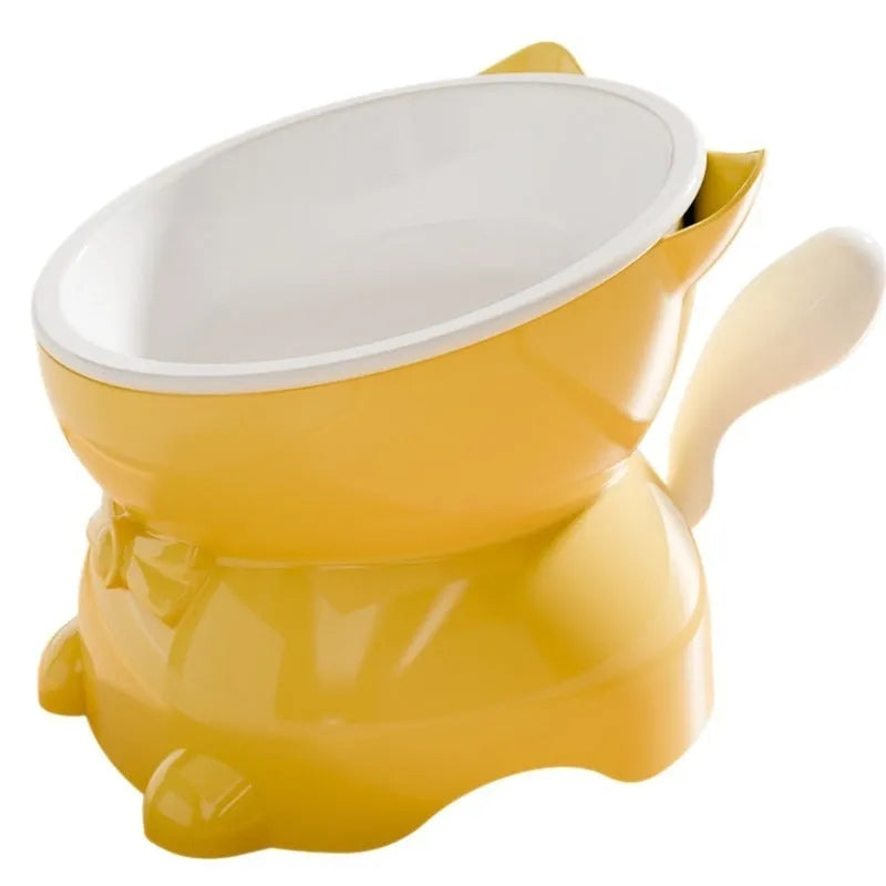Stainless steel oblique anti-fall cat bowl in black, blue, pink, and yellow colours.
