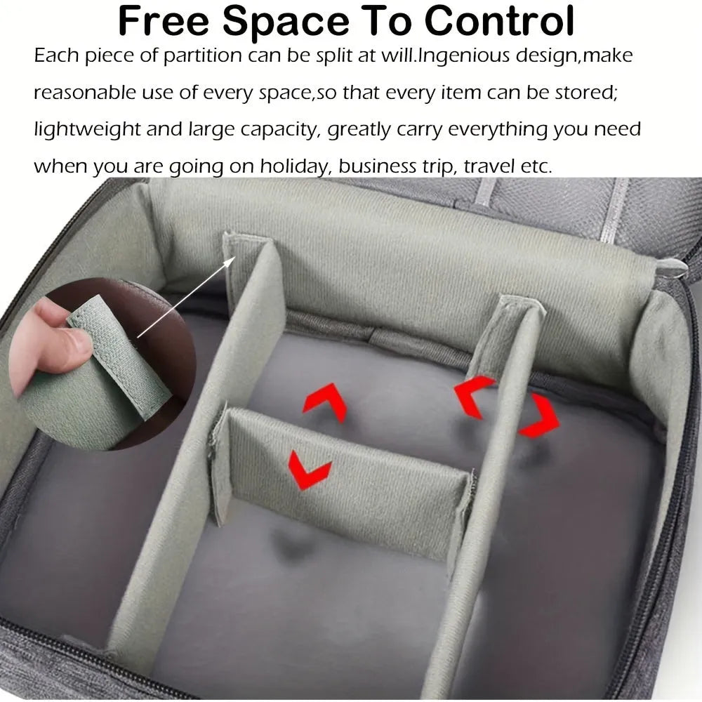 Black waterproof travel cable organiser bag open to show removable dividers and mesh pockets for electronics.