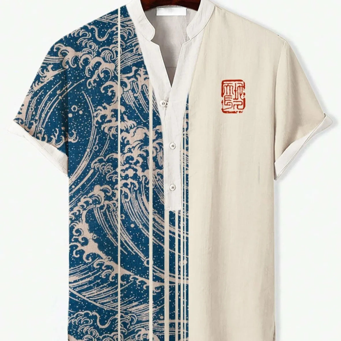 Man wearing a short sleeve shirt with a vivid 3D digital print of an animal graphic.