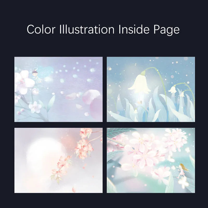 A5 notebook with a luminous cover open to show pages with colour illustrations, in deep blue, gold, light blue, or purple.