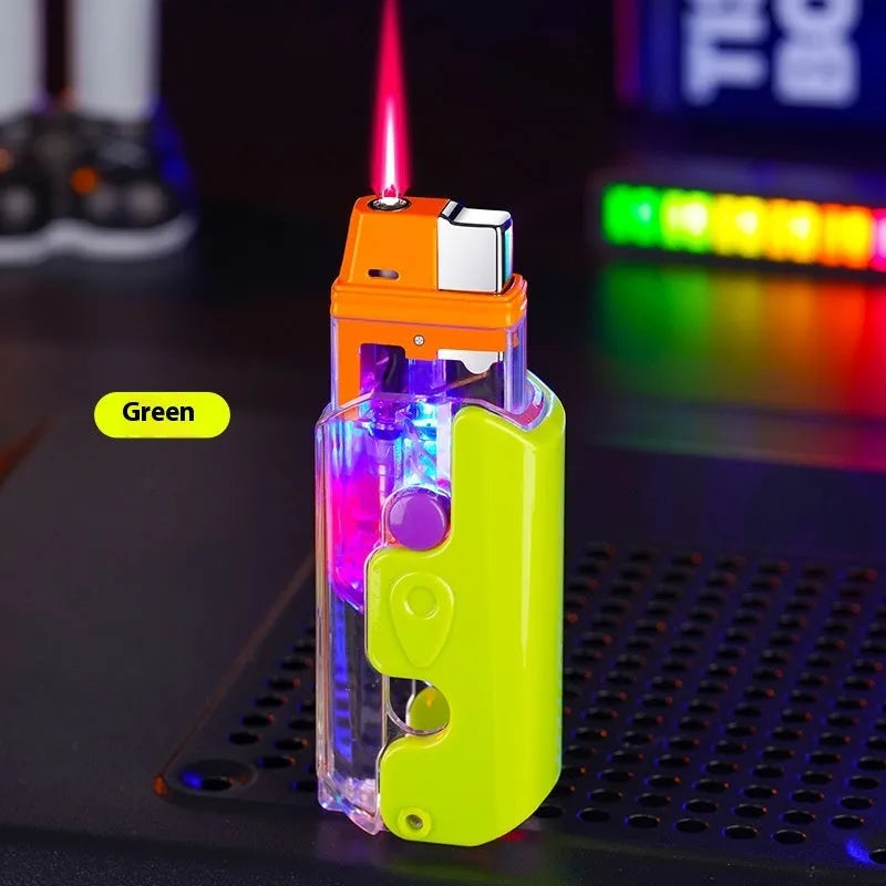 Colourful luminous radish design plastic lighter in orange, purple, or green on a plain background.