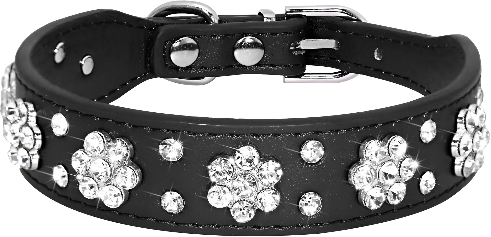 Black PU leather dog collar with rhinestone flowers and metal studs, showing the adjustable eyelets and D-ring.