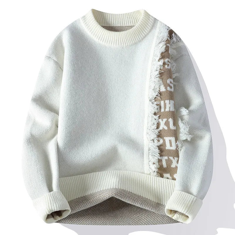 Men's loose fit knitted pullover with ribbed hemline in polyester and rabbit fur blend fabric