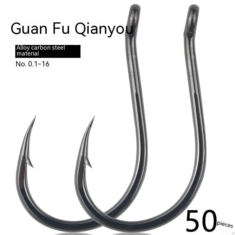 Bulk pack of barbed fishing hooks with crooked mouth and hole ring in alloy carbon steel.