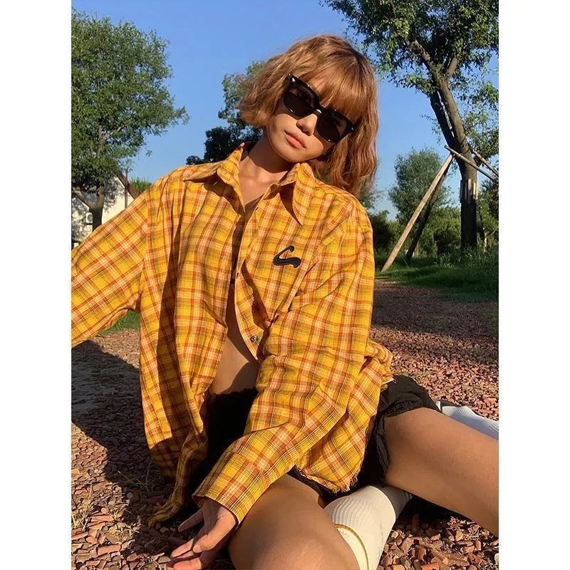 Loose fit dopamine yellow plaid shirt with cardigan styling in polyester blend fabric