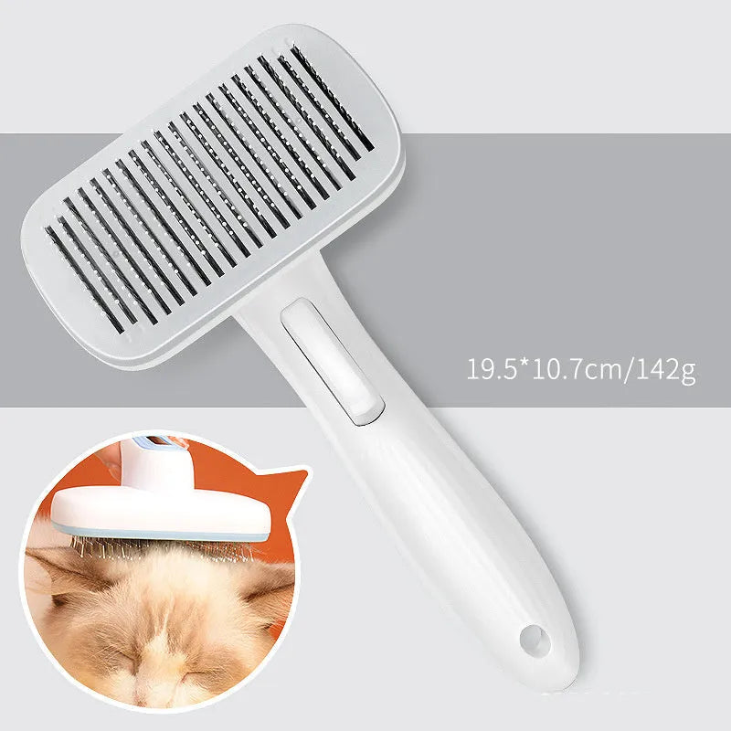 Automatic pet hair removal comb in blue, showing compact design and needle comb.