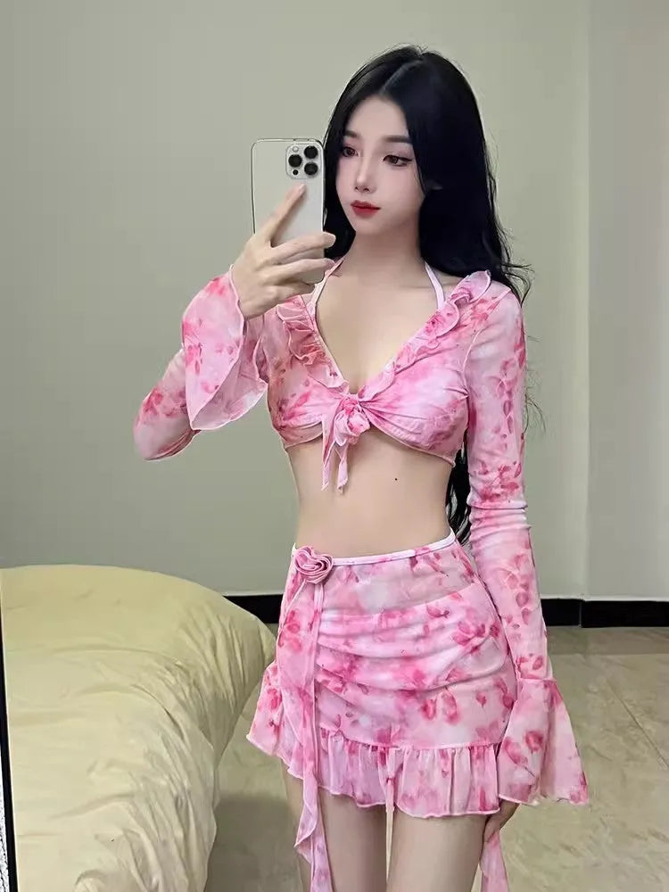 Women's cherry blossom pink floral bikini swimsuit with polyester fabric