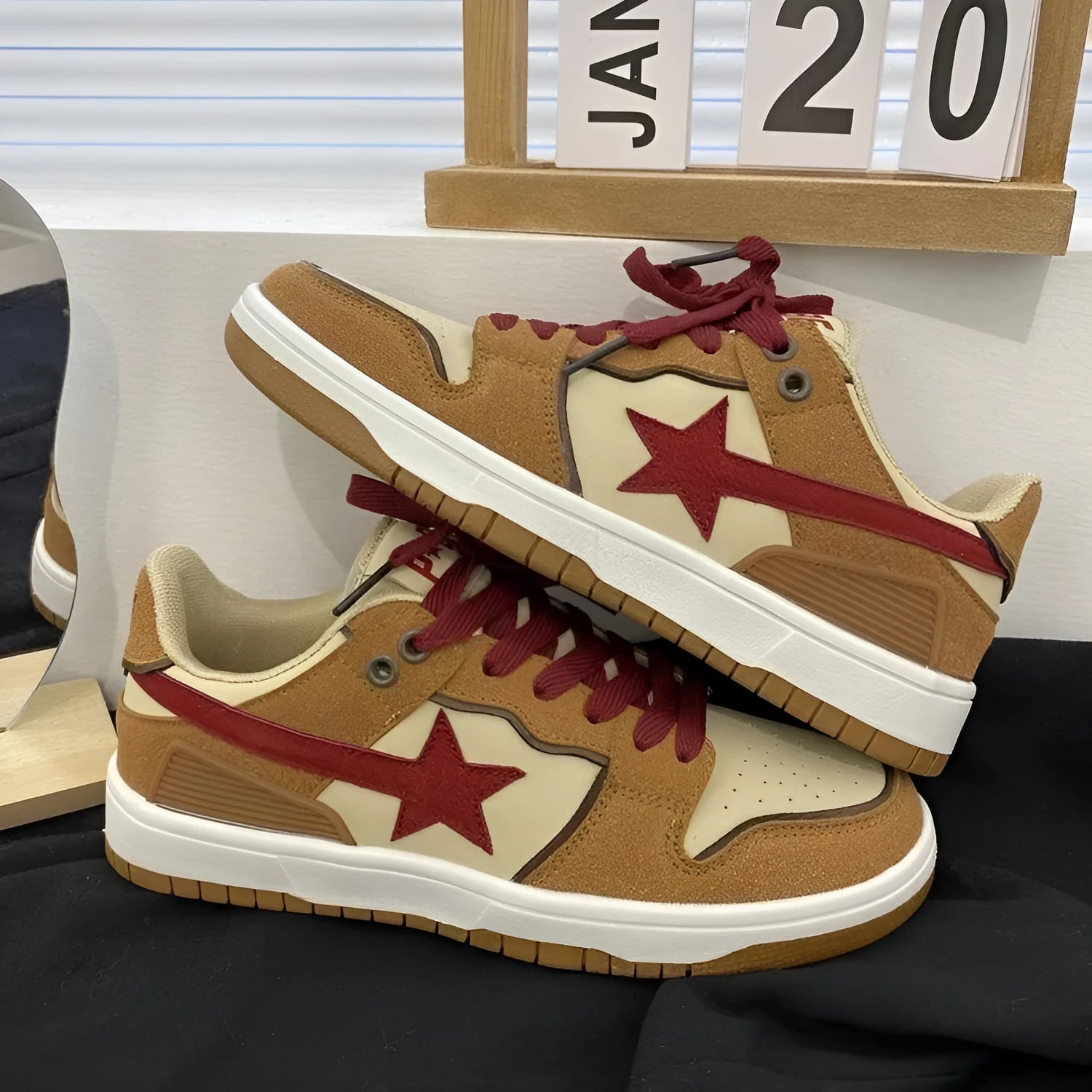 Brown women's platform sneakers with sequin trim and 3-5cm heel