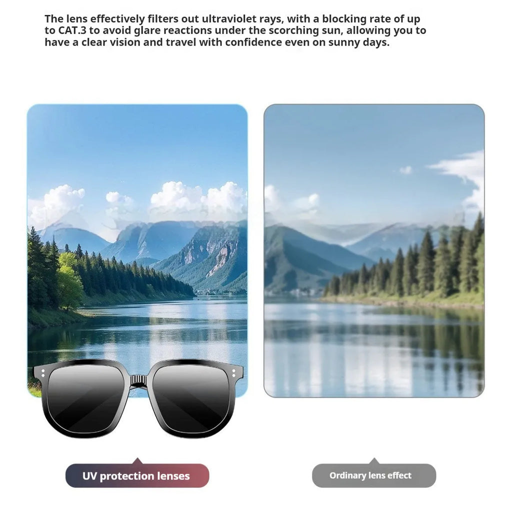 Black AI smart glasses with Bluetooth audio and sunglass lenses featuring touch control operation