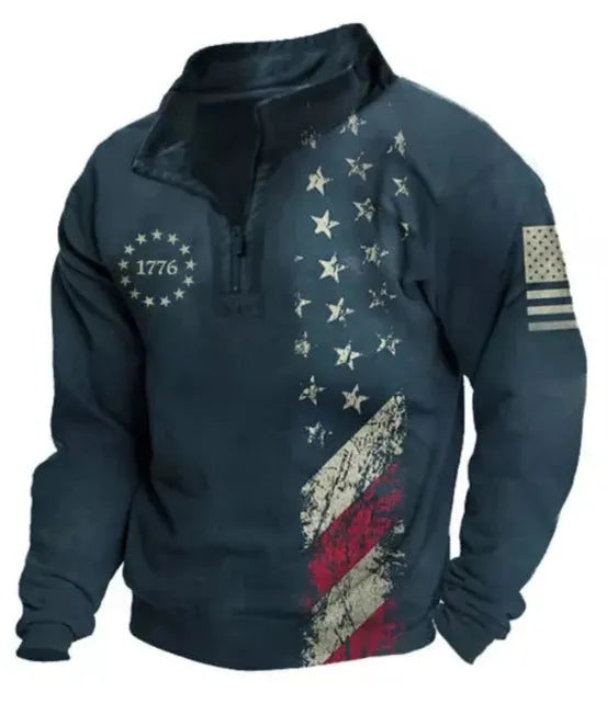 Man wearing a loose-fit long sleeve retro print t-shirt with striped and zipper decorations.