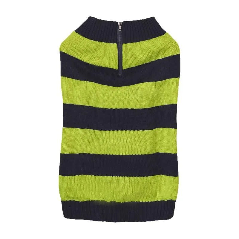 Grey dog sweater with contrast trim, horizontal front zipper, and a button pocket on a small dog.