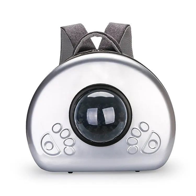 Transparent space capsule pet carrier bag for cats in rose gold, luxury silver, or champagne gold.