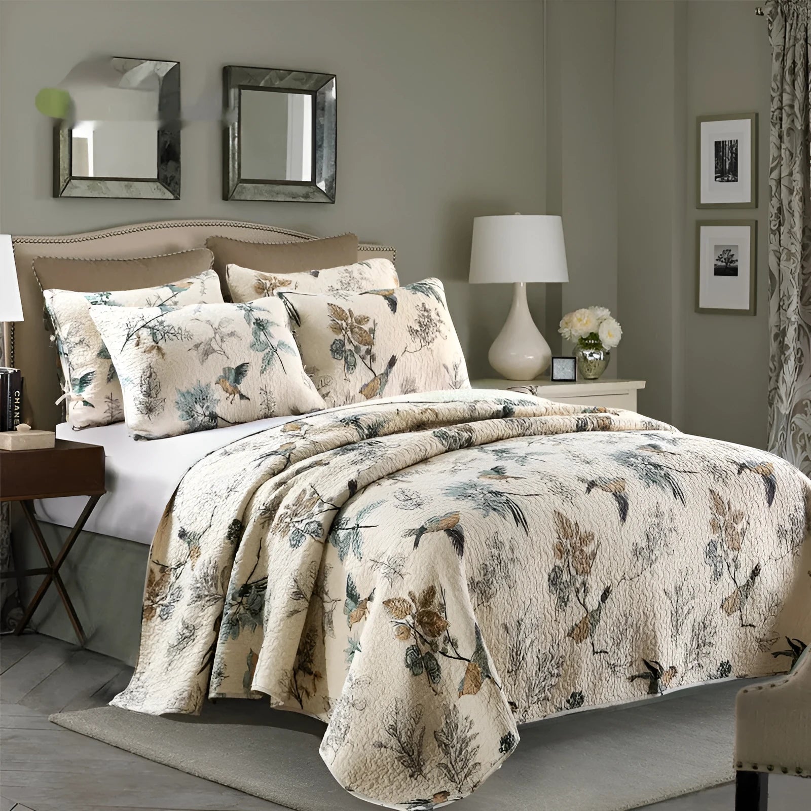 Pure cotton quilted bed cover set with printed pattern for 1.5-1.8 metre beds