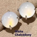 Chinese style chalcedony earrings with four claw copper setting and round egg surface stone