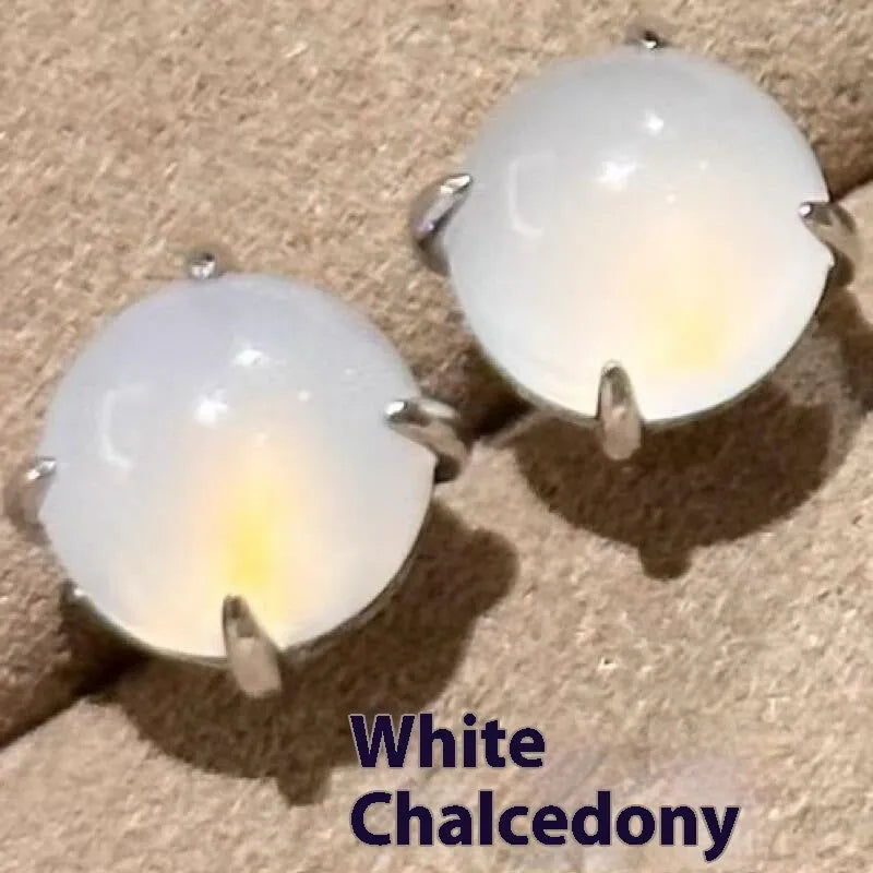 Chinese style chalcedony earrings with four claw copper setting and round egg surface stone