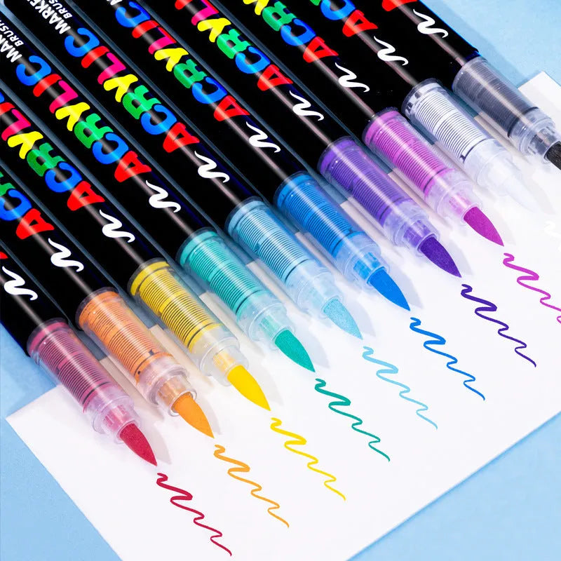 Straight acrylic marker pens with soft tips in multiple colours arranged by set size