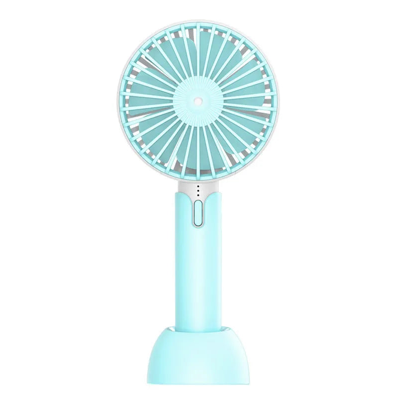 Blue mini silent desktop USB electric fan with three-speed control on a desk