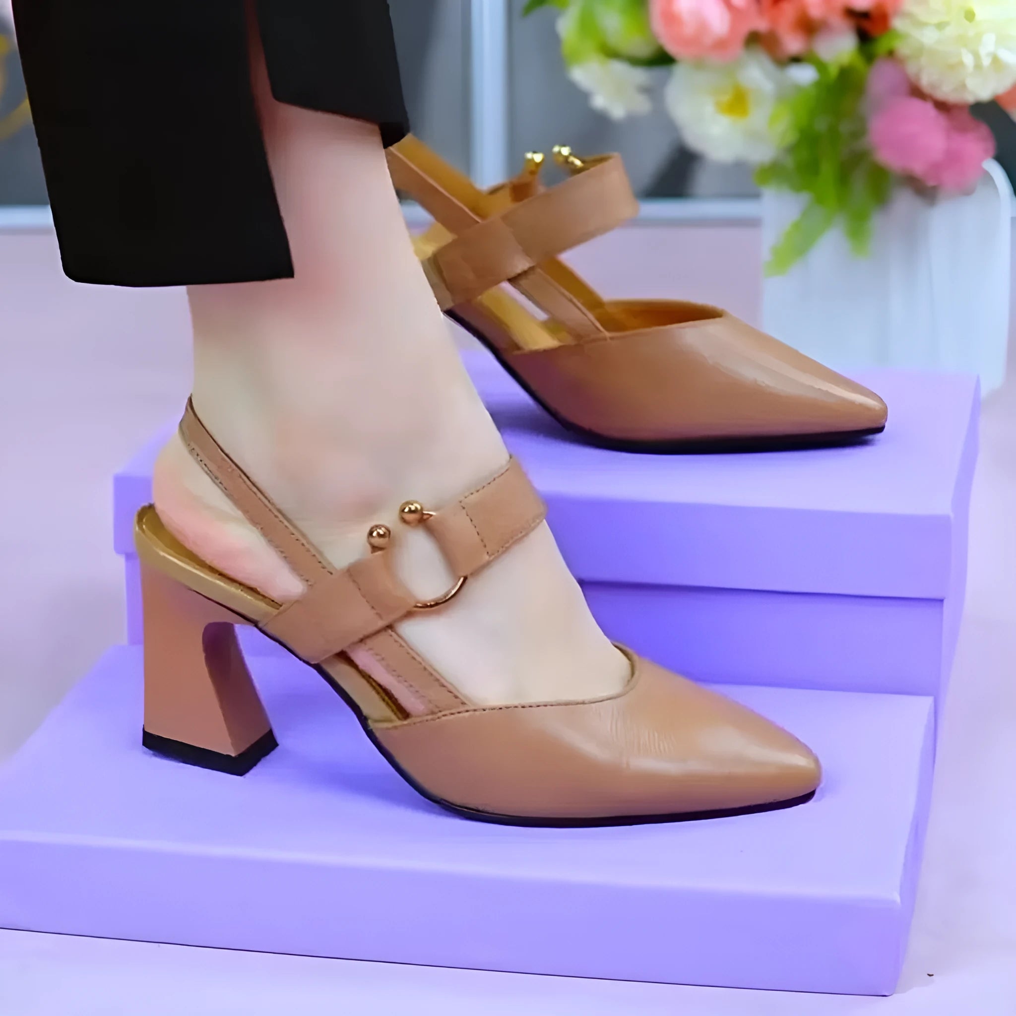 Women's apricot coloured closed toe sandals with a chunky heel, made from pigskin leather.