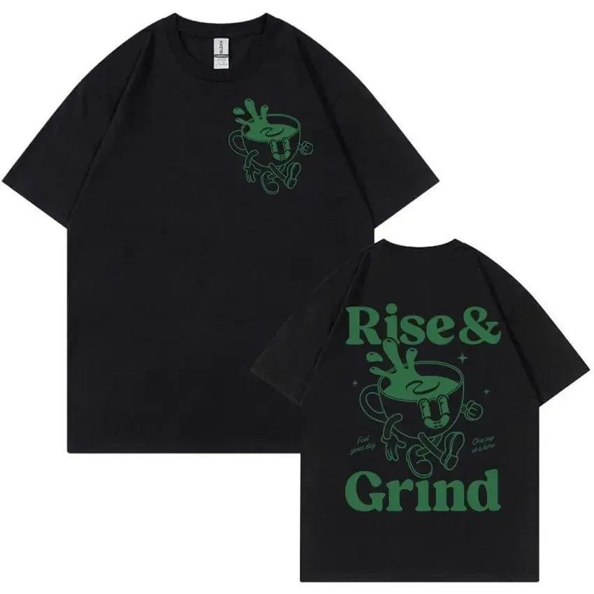 Loose-fit men's t-shirt with 'Rise and Grind' green coffee cartoon graphic in linen blend fabric