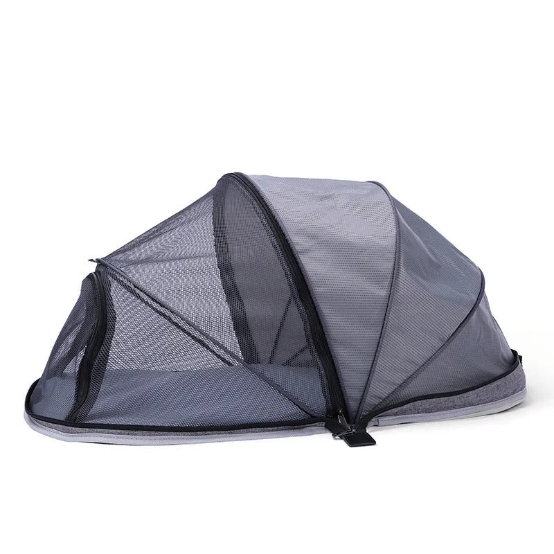 A portable folding cloth tent for cats with half-mesh side panels, shown in blue half-mesh specification.