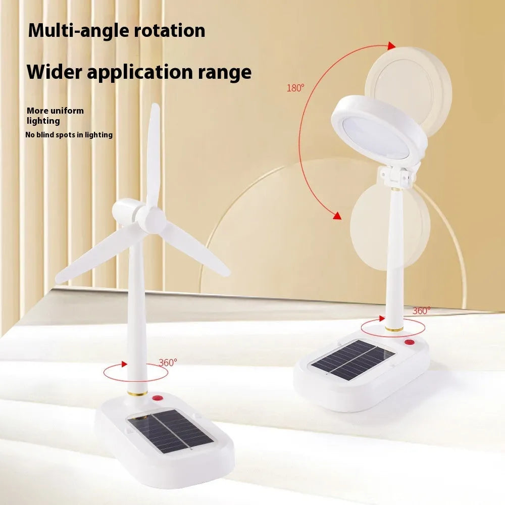 Ivory white solar powered table fan with integrated LED study lamp on desktop