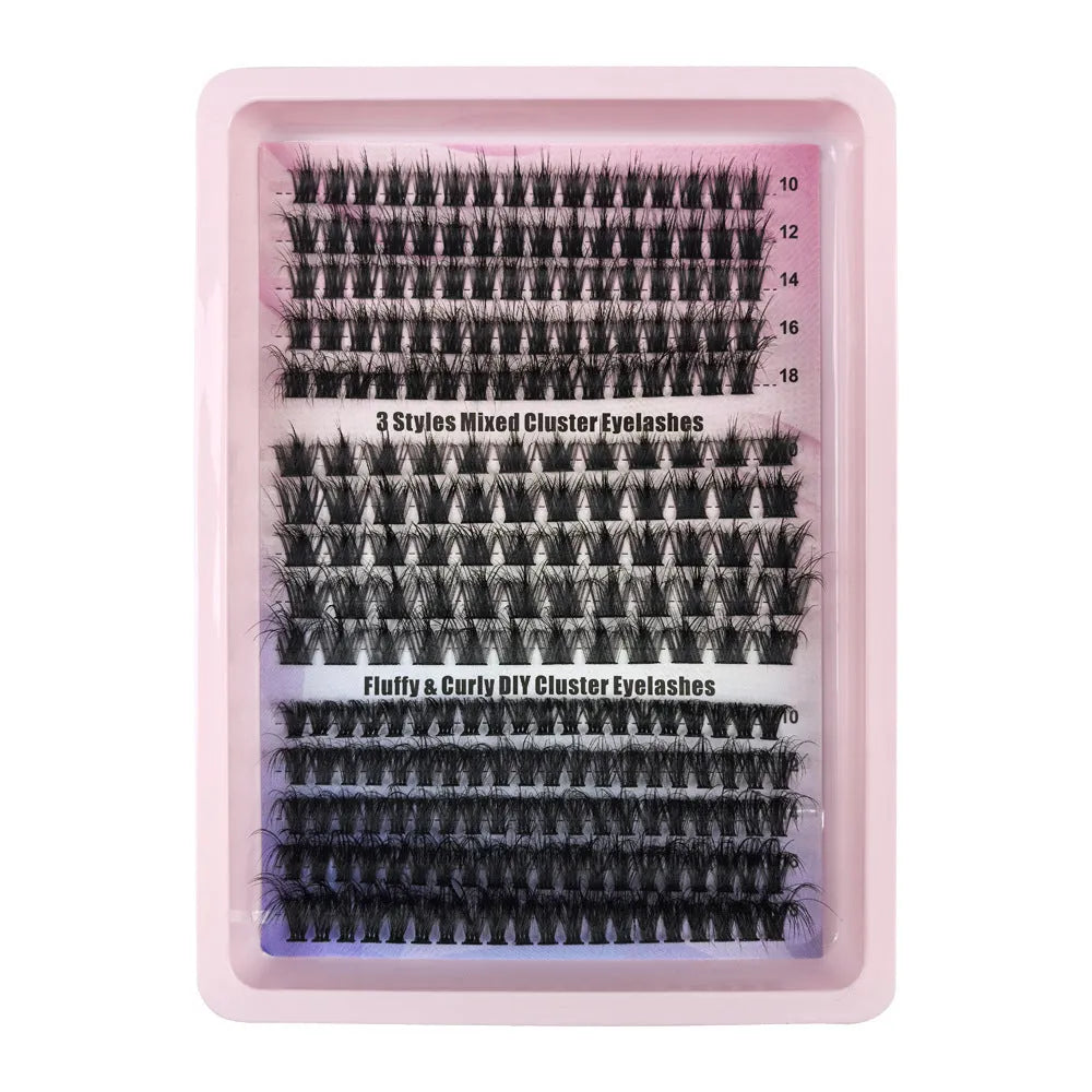 Large box of mixed messy false eyelashes showing storage dimensions and style variety.