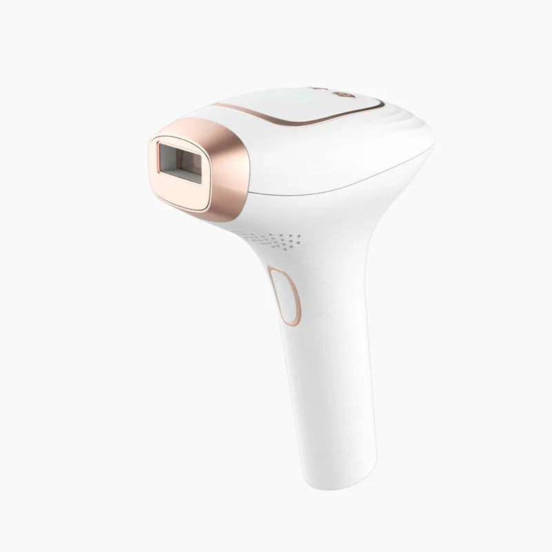 Pink and white laser hair removal device with ice-sensing technology, protective glasses, and charging cable