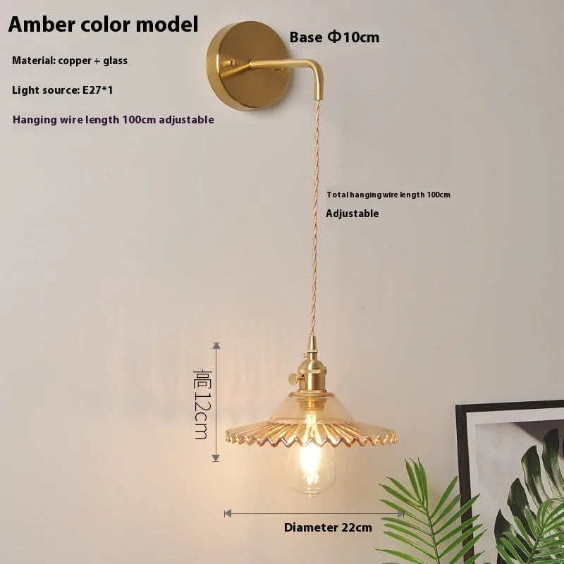 Retro brass lotus wall lamp with copper body and glass shade in 22cm diameter