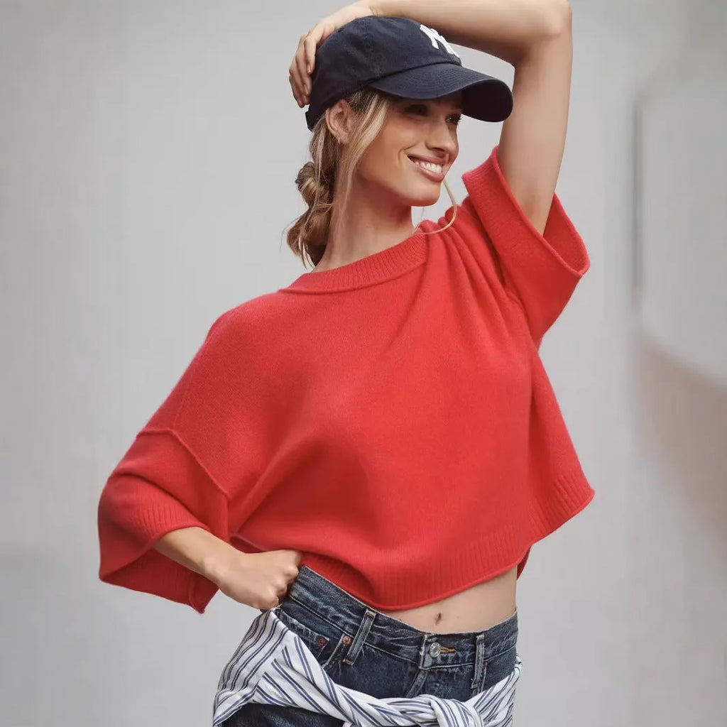 Red Hot Girl Style short T-shirt with an exposed navel cut, regular sleeves, and pullover design.