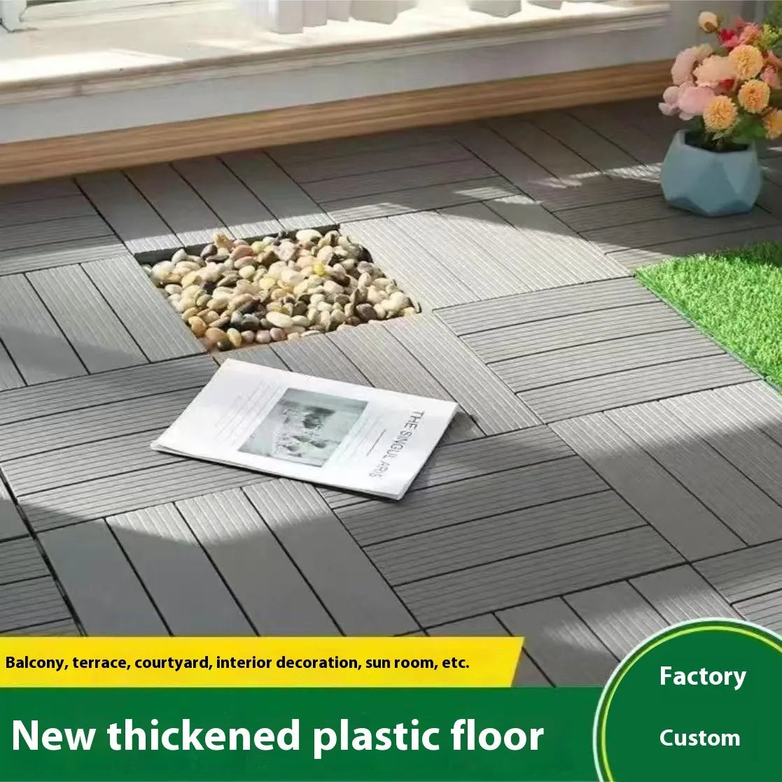 Square plastic floor tile with wood grain texture in a dark grey colour, shown on a light background.