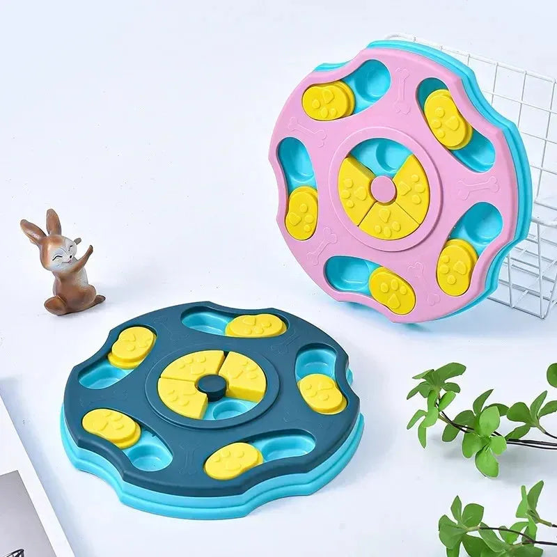 Blue dog puzzle feeder bowl with food compartments for interactive feeding games