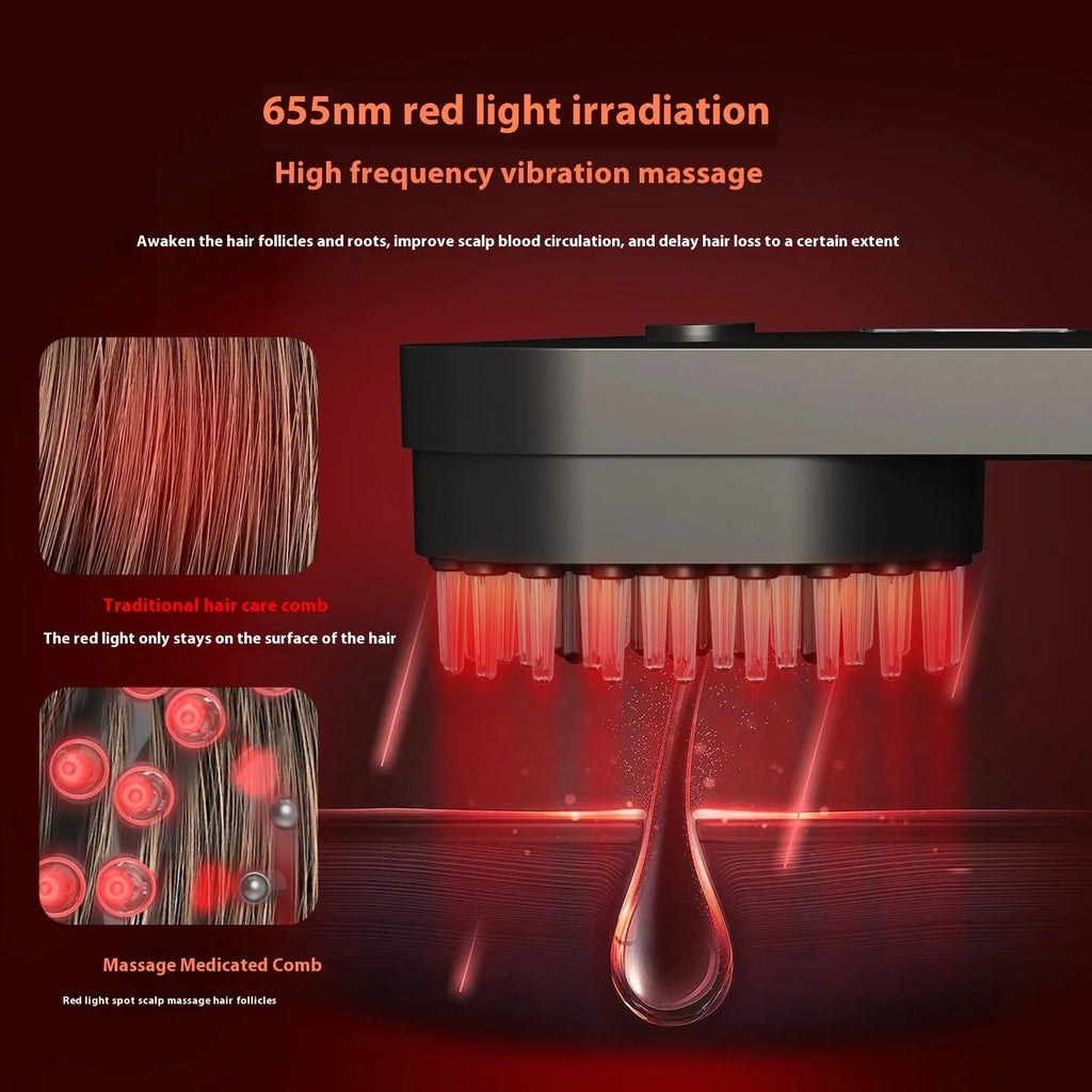 Pink and black smart massage comb with red light therapy for hair care, measuring less than 10cm