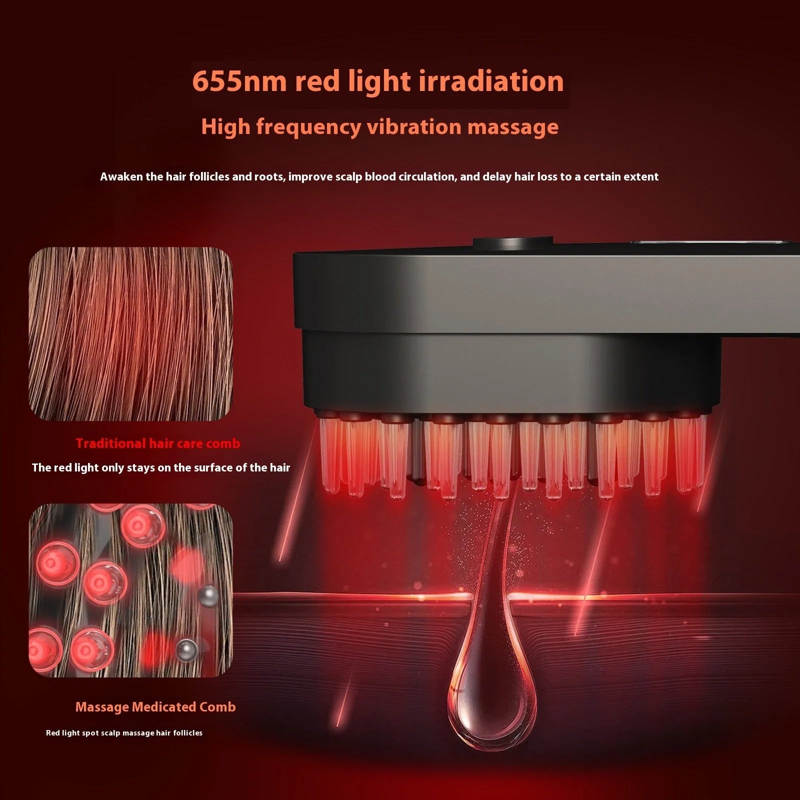 Pink and black smart massage comb with red light therapy for hair care, measuring less than 10cm