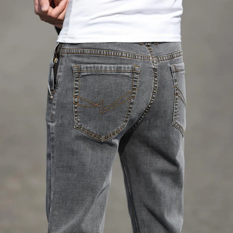 Men's smoky grey rabbit fur jeans with straight cut and low waist design