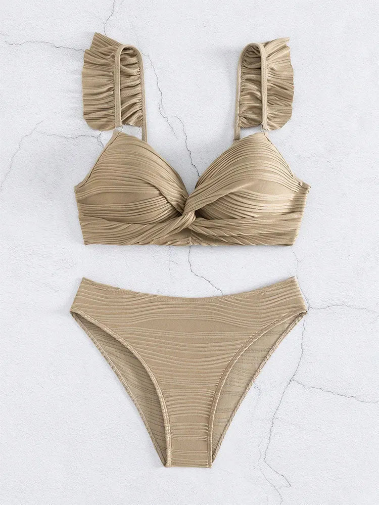 Solid colour women's bikini swimsuit in black or khaki with two-piece design