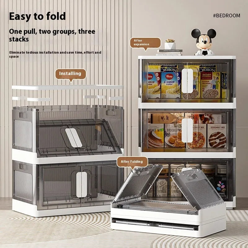A foldable white PP plastic storage locker with wheels and multiple adjustable internal shelves.