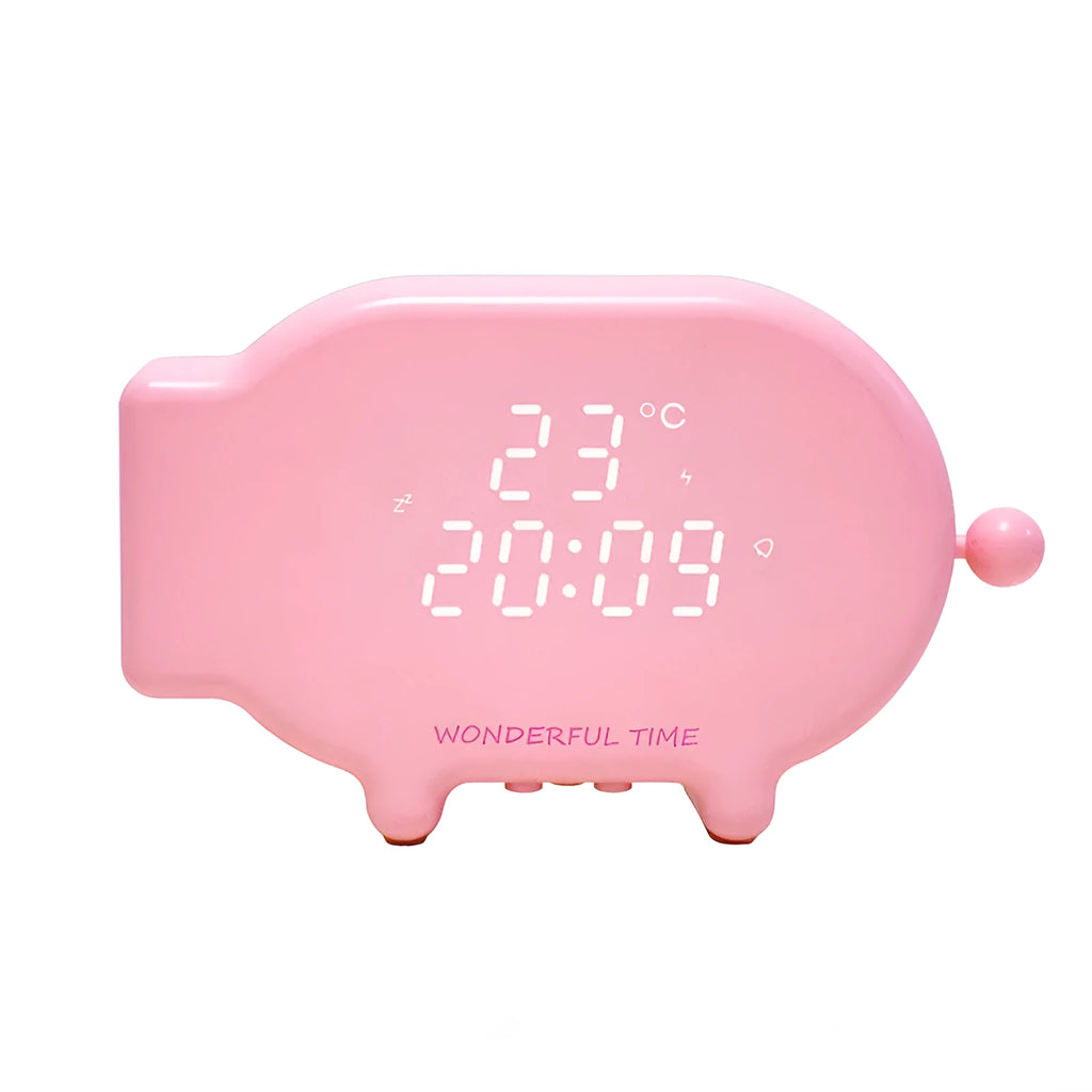 Multifunctional LED alarm clock with temperature display and USB port in blue or pink ABS plastic