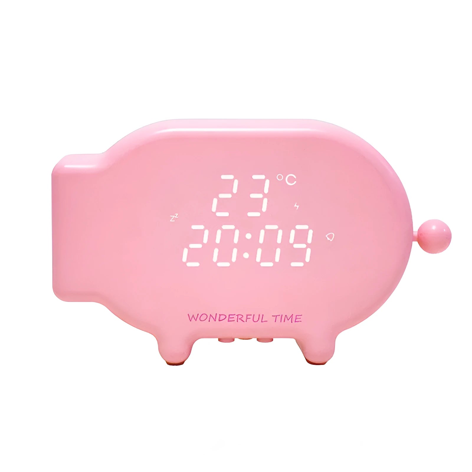 Multifunctional LED alarm clock with temperature display and USB port in blue or pink ABS plastic