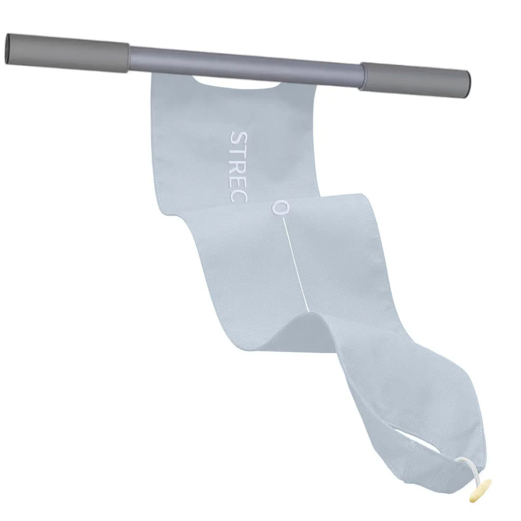 Grey and pink yoga stretching tool for shoulder, back and hip flexibility.
