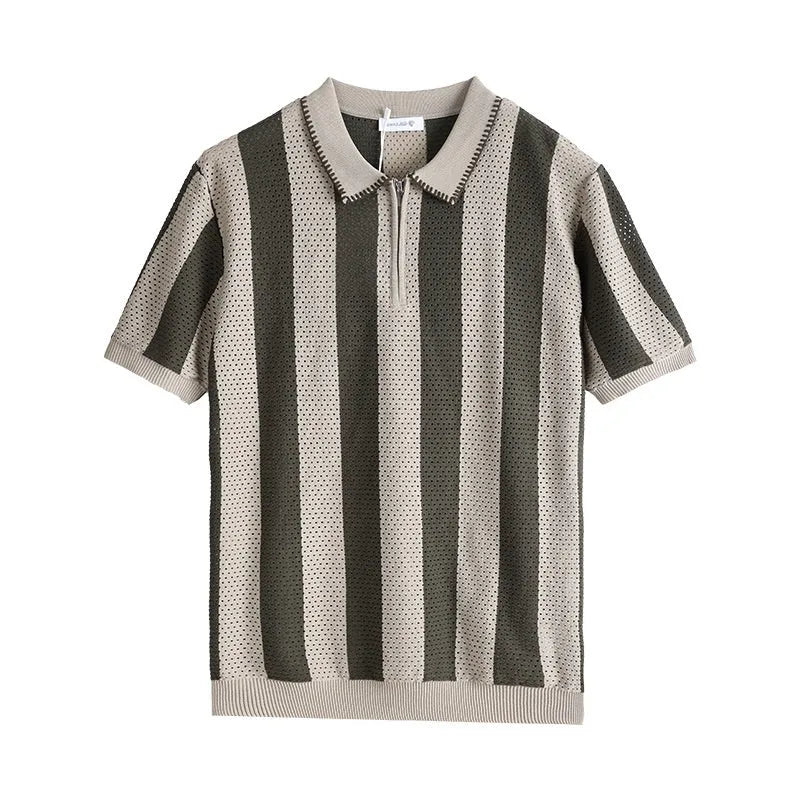 Men's short sleeve striped sweater in ice silk viscose with a decorative zipper.