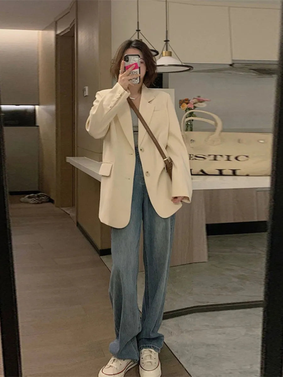 Korean style beige polyester street suit jacket with long sleeves and a chest pocket.