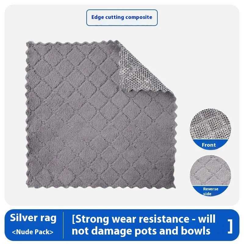 Silver wire and coloured microfiber cleaning cloths in 20x20cm and 25x25cm sizes laid flat.