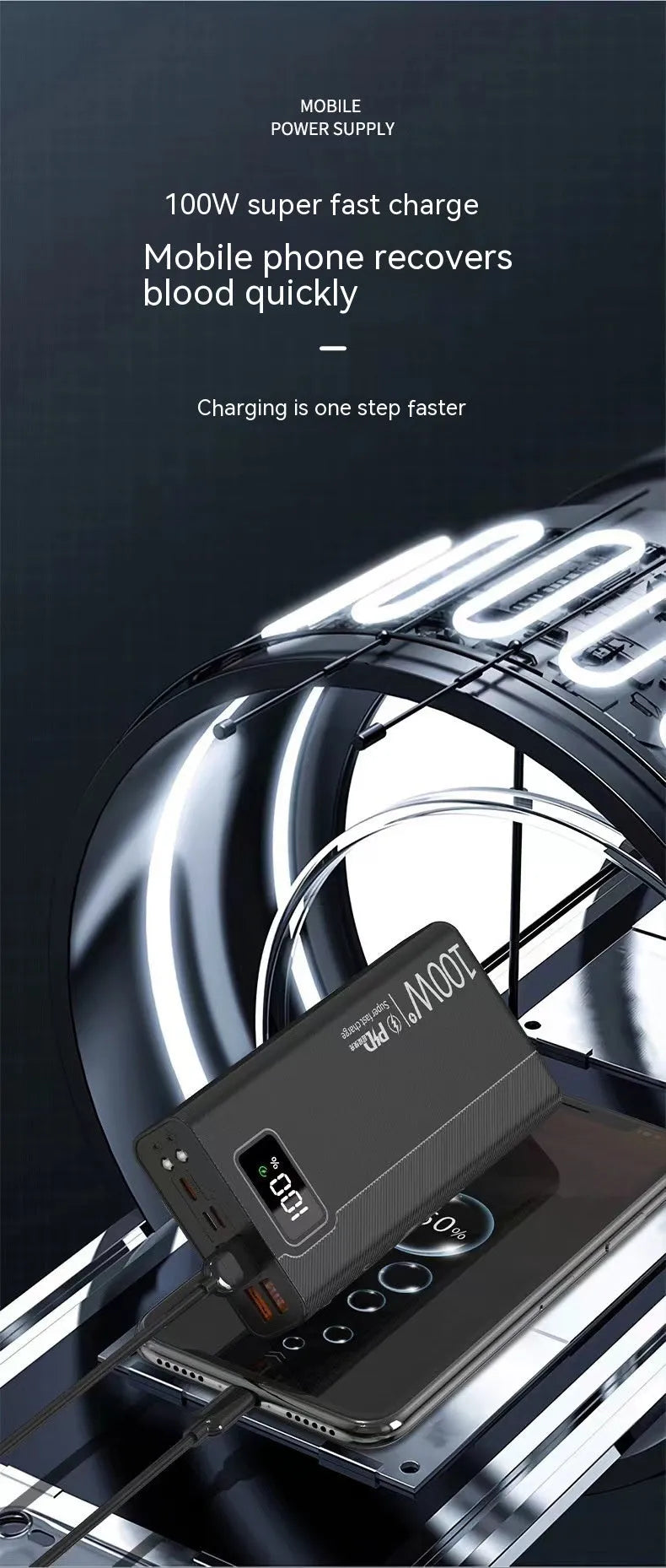 Large capacity black or white plastic power bank with fast charging support.