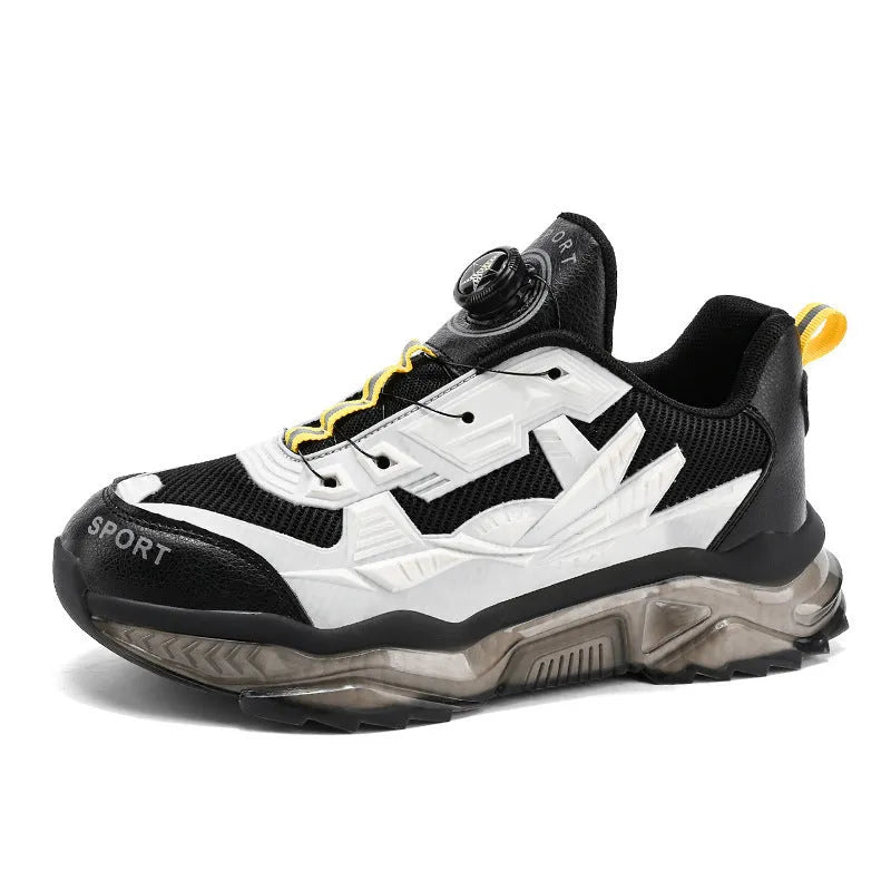 Men's black rotating button dad shoes with mesh upper and rubber platform sole