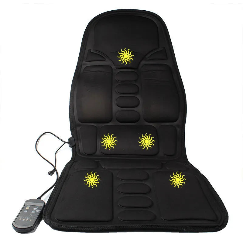 Black infrared heating massage mat with a separate seat cushion on a grey background