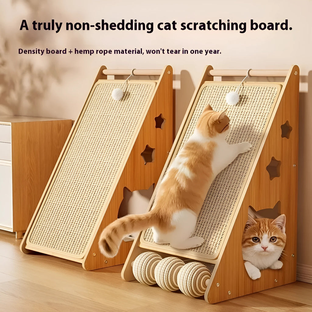 Vertical wall-mounted cat scratch board with sisal surface and cat teasing ball design